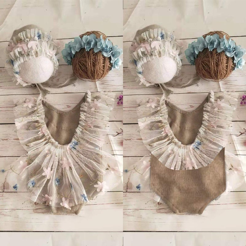 SPOKKI 3 PCS Newborn Photography Props with Baby Lace Rompers Hat Flower Headband Vest Floral Classic Outfits for Girl Princess Twins Birthday Party - Image 5